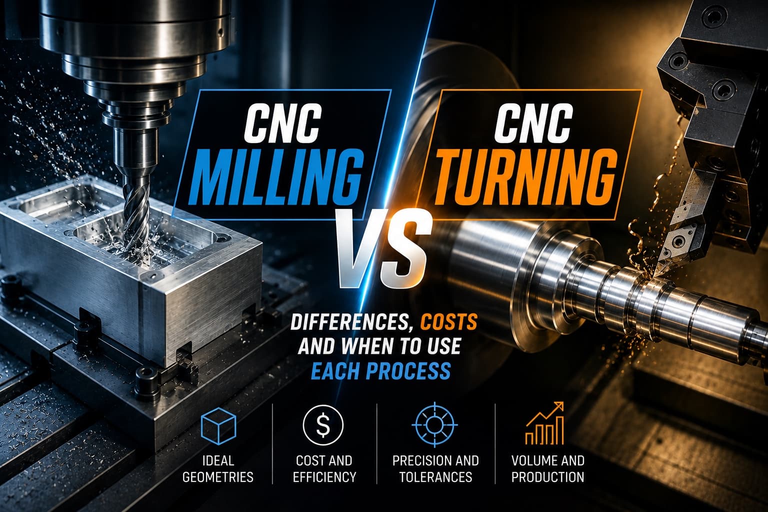 Visual comparison of CNC milling and CNC turning: machining center with a prismatic part and CNC lathe with a cylindrical shaft in an industrial shop