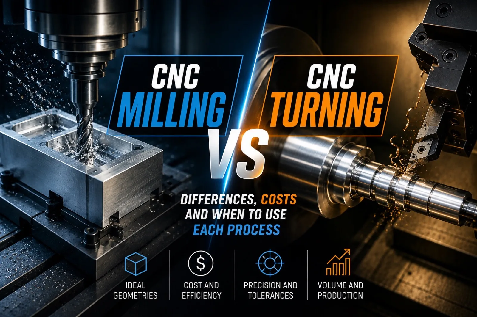 Visual comparison of CNC milling and CNC turning: machining center with a prismatic part and CNC lathe with a cylindrical shaft in an industrial shop