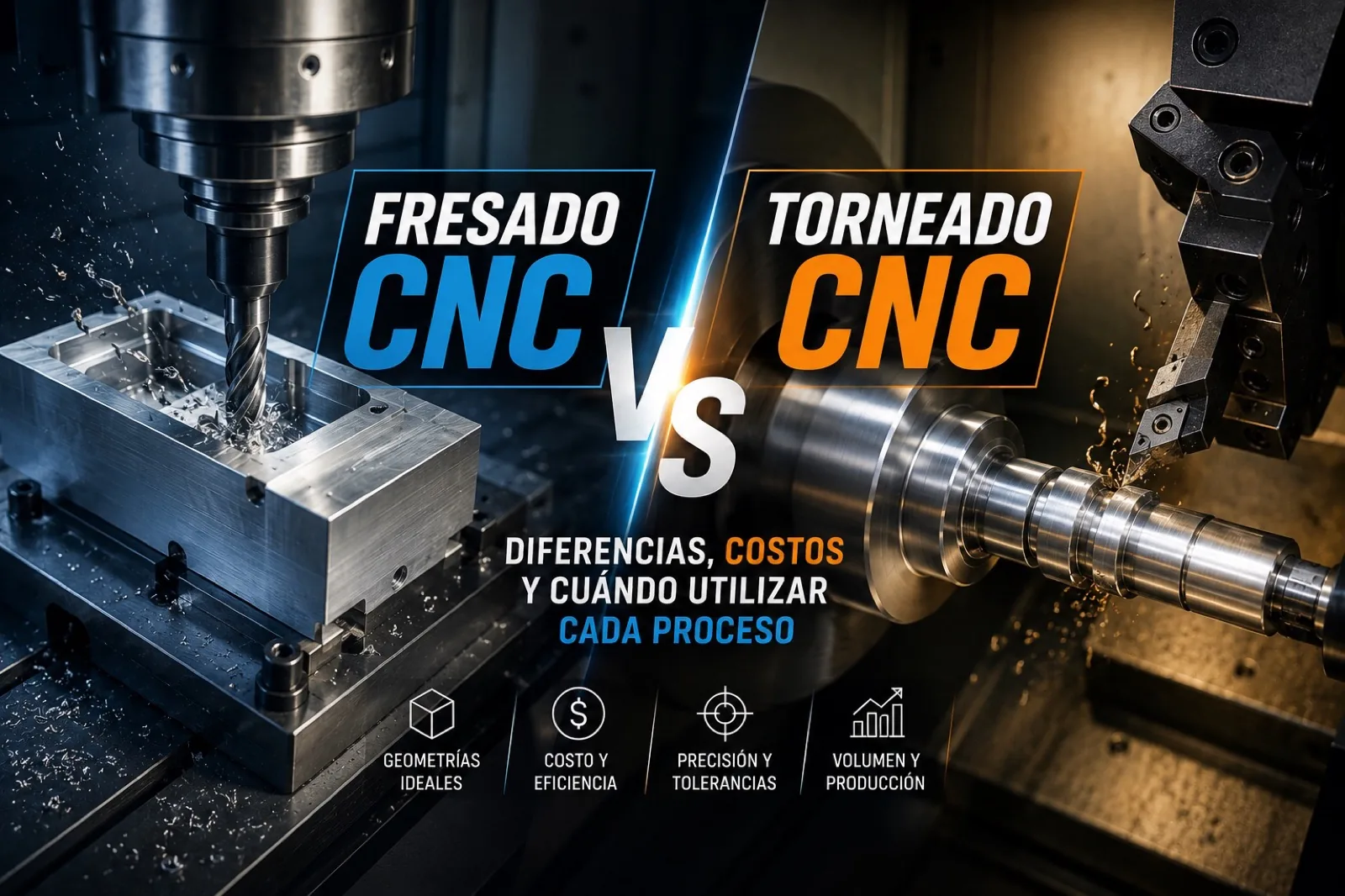 Comparación visual de fresado CNC y torneado CNC: centro de maquinado con pieza prismática y torno CNC con eje cilíndrico en taller industrial