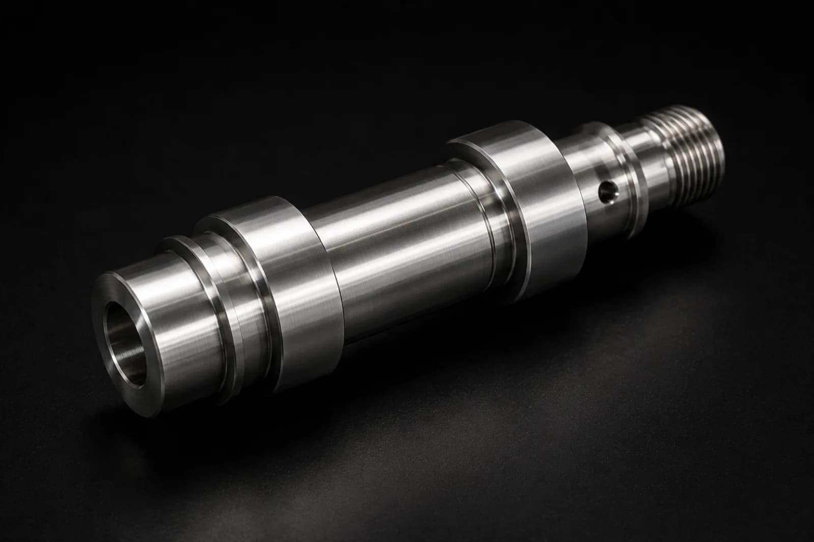 Stepped steel shaft machined on a CNC lathe with multiple diameters, shoulders, and precision cylindrical finish