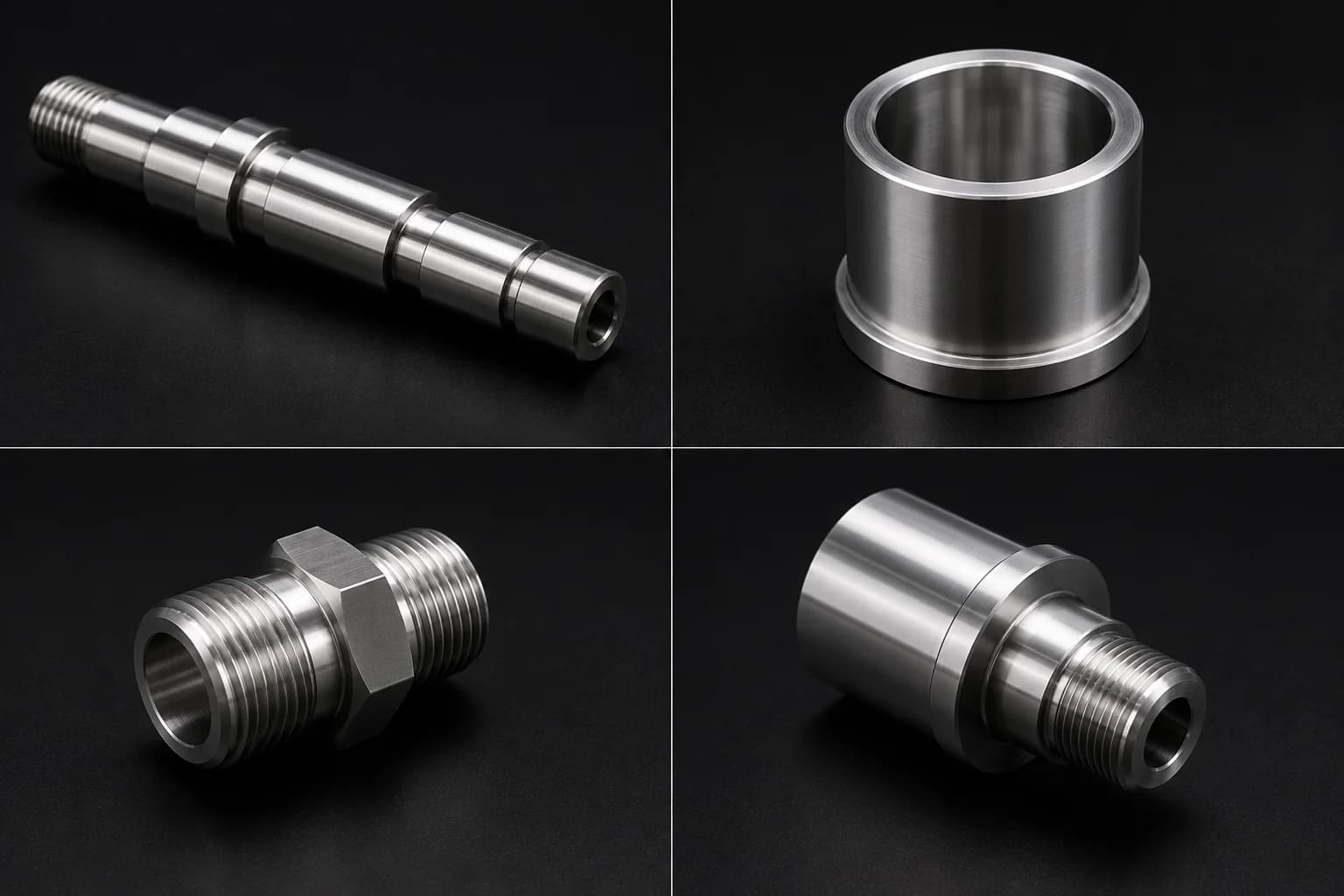 Collage of CNC turned parts: stepped shaft, bushing with fit tolerance, threaded nipple, and cylindrical mechanical adapter