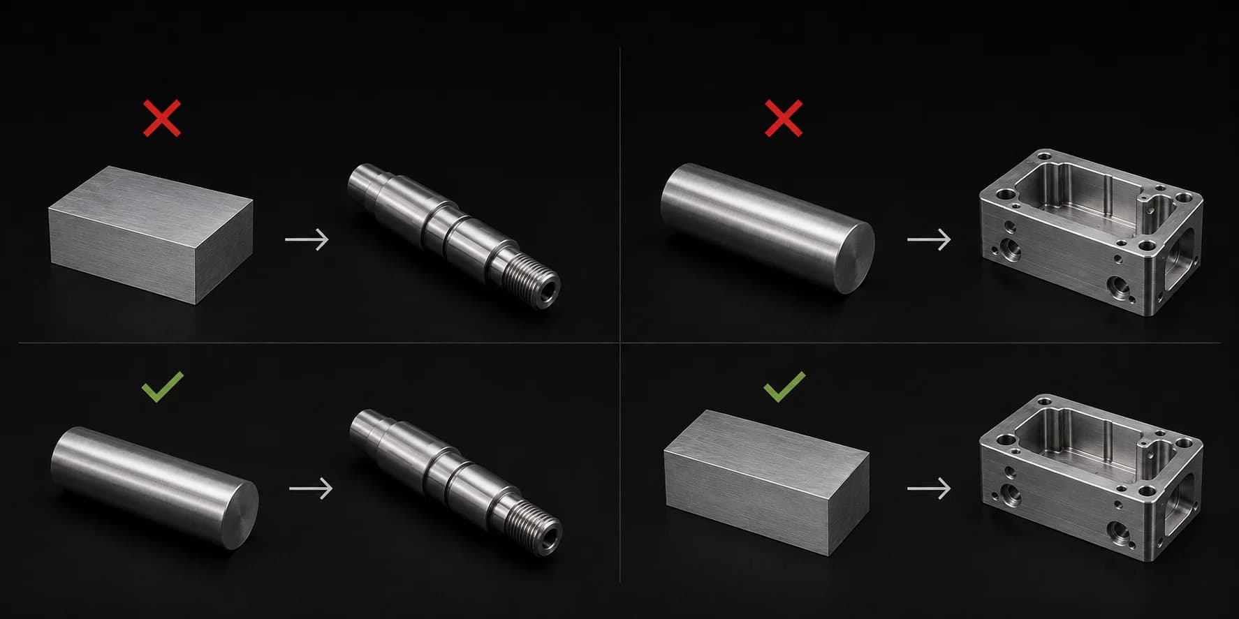 Visual comparison of poor CNC process selection: cylindrical shaft unnecessarily machined from prismatic plate versus prismatic block started from round bar stock