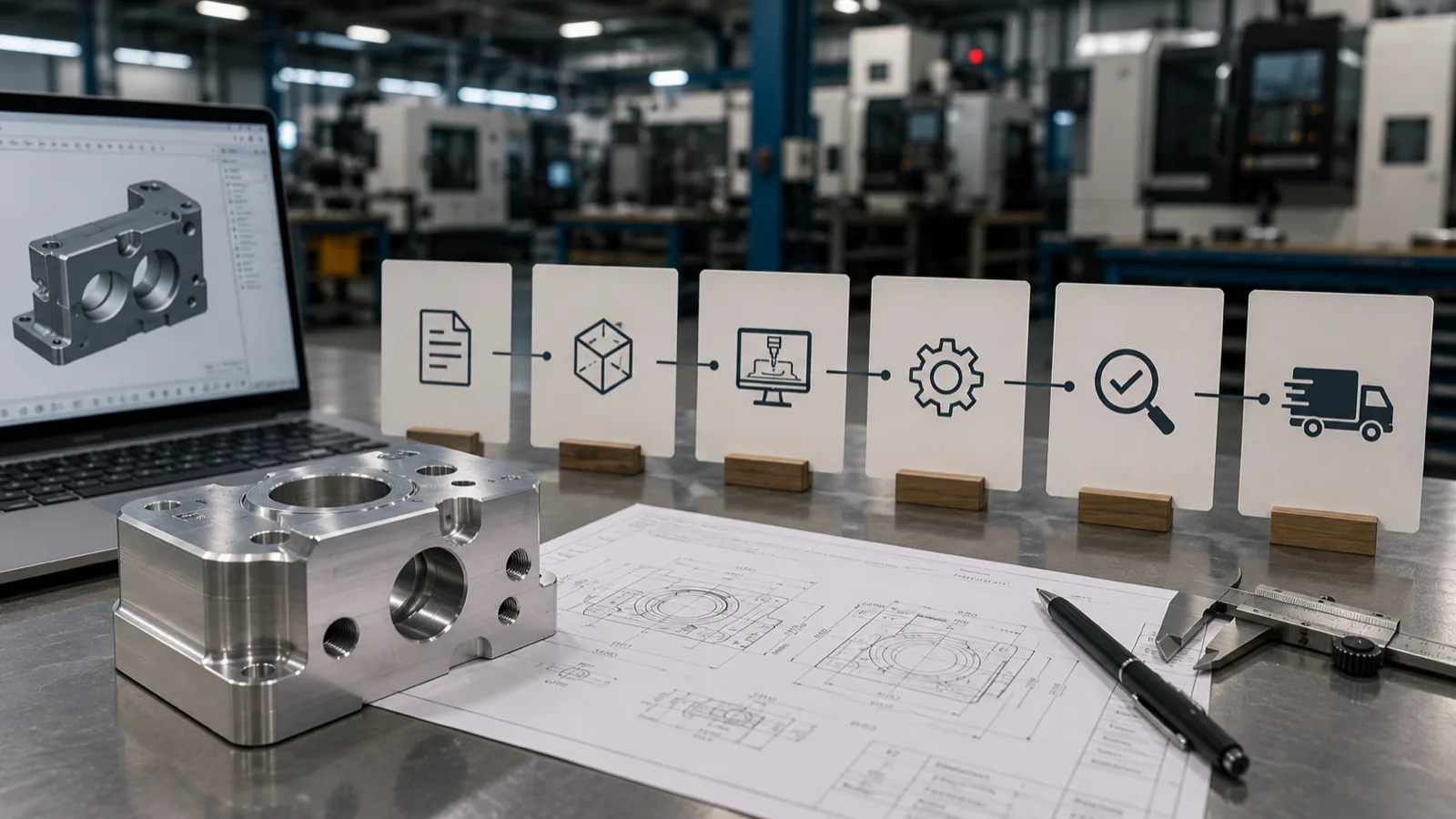 Manufacturing engineer reviewing a drawing and production schedule next to CNC-machined parts in an industrial shop