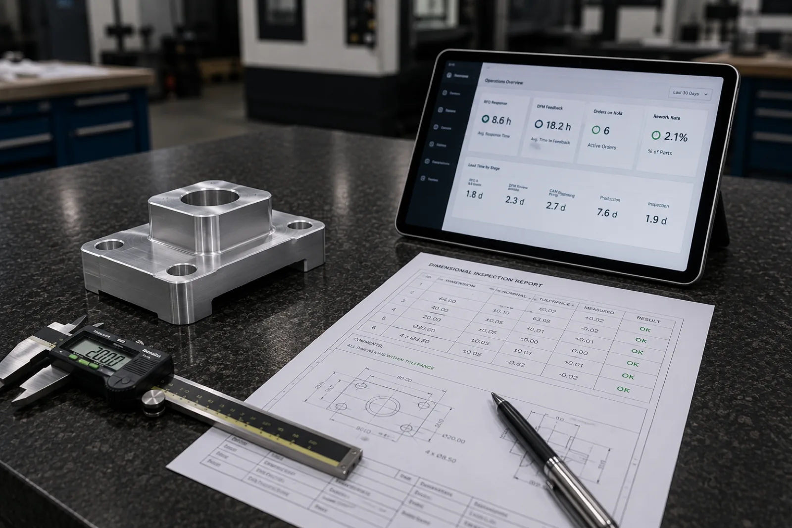 Manufacturing metrics dashboard showing RFQ response time, DFM reviews, rework, and delivery performance