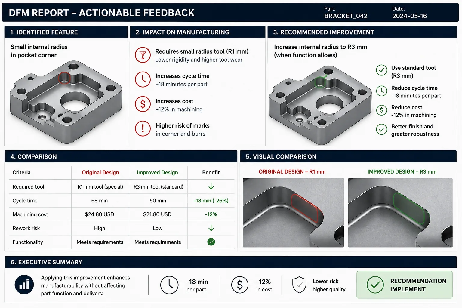 Example DFM report identifying a specific feature, explaining manufacturing impact, and proposing a design improvement with quantified benefit