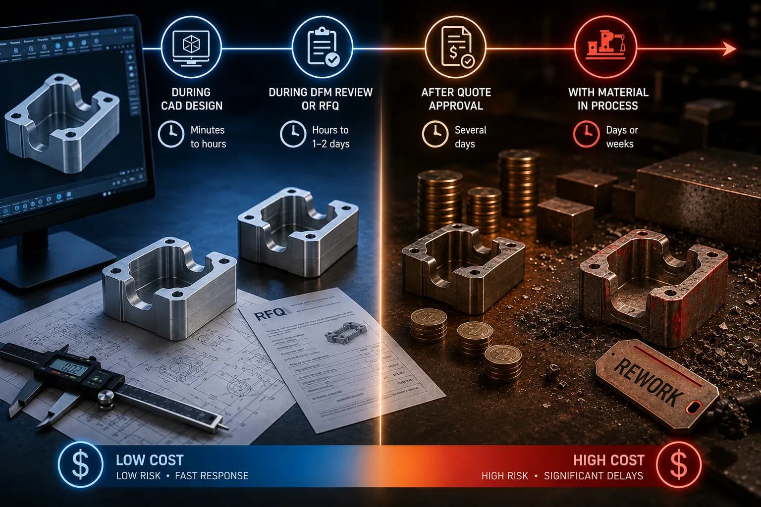 Comparison between corrections made during CAD stage and corrections made after CNC production release, showing cost, risk, and response-time differences