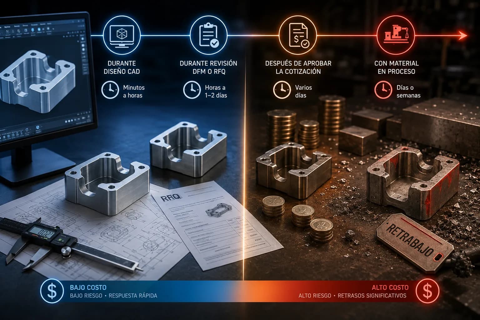 Comparación entre correcciones realizadas durante la etapa CAD y correcciones realizadas después de liberar producción CNC, mostrando diferencias de costo, riesgo y tiempo de respuesta