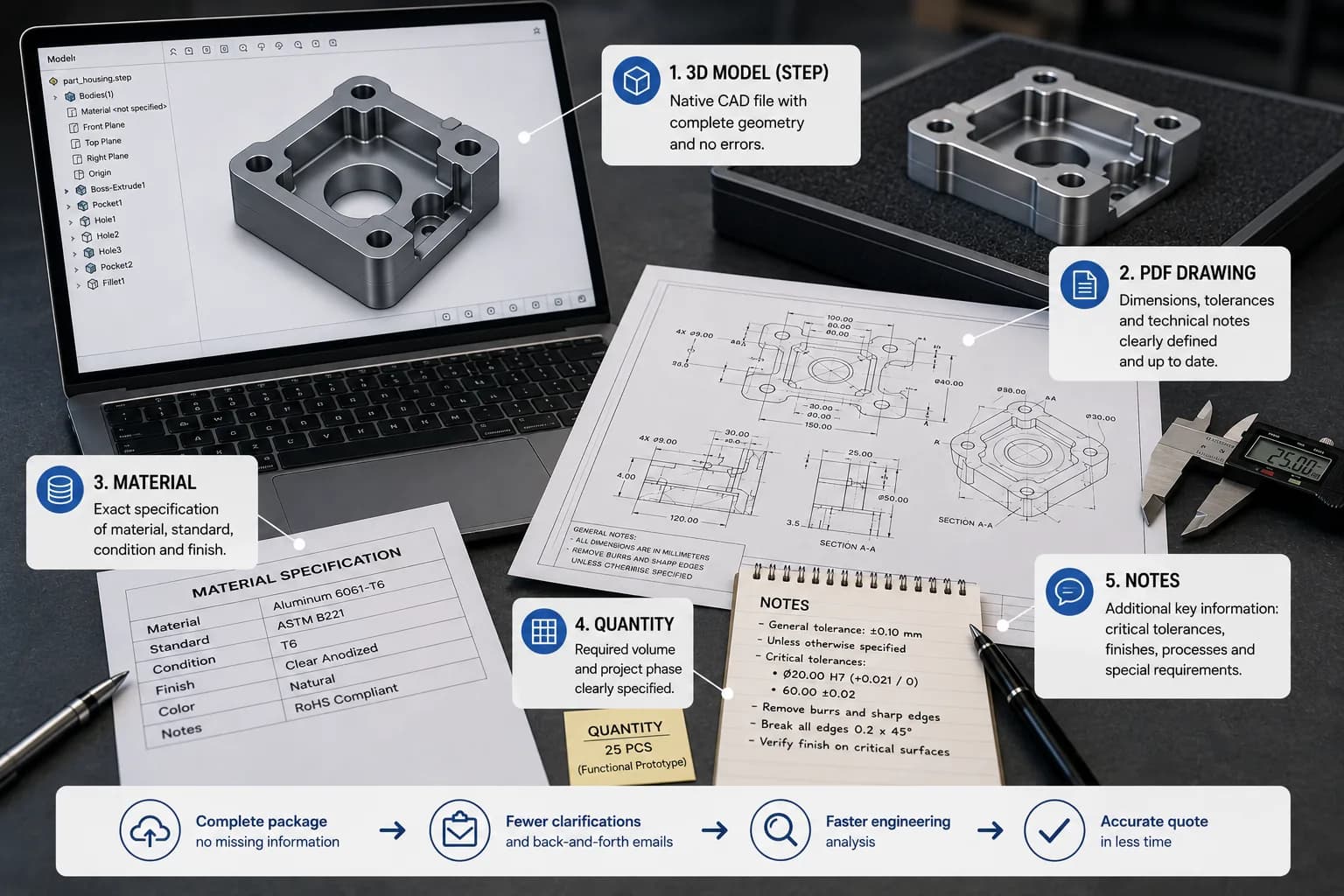 Technical package for CNC quoting with STEP model, PDF drawing, material specification, quantity, and tolerance notes aligned in one revision