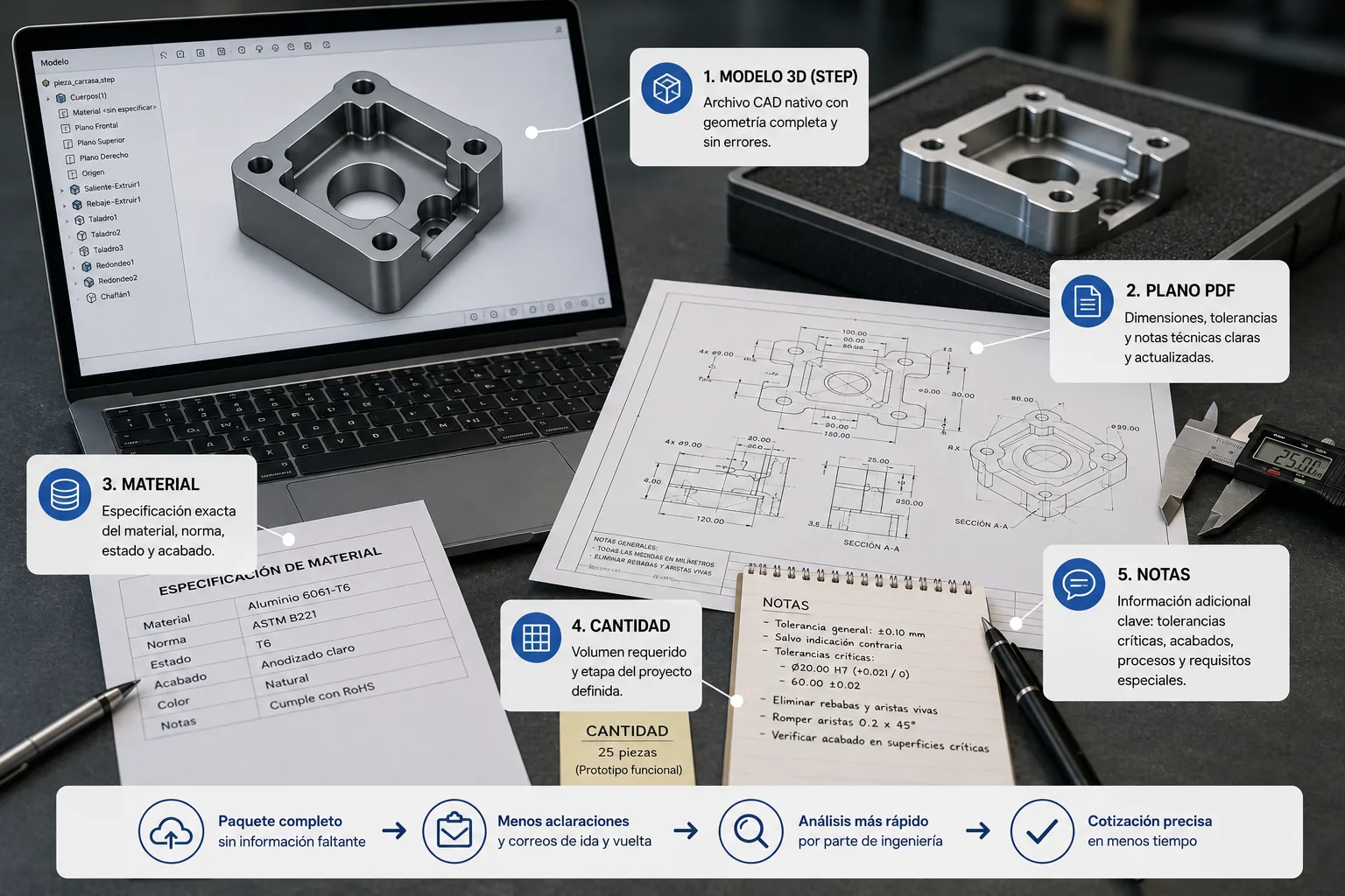 Paquete técnico de cotización CNC con modelo STEP, plano PDF, especificación de material, cantidad y notas de tolerancia alineados en una misma revisión