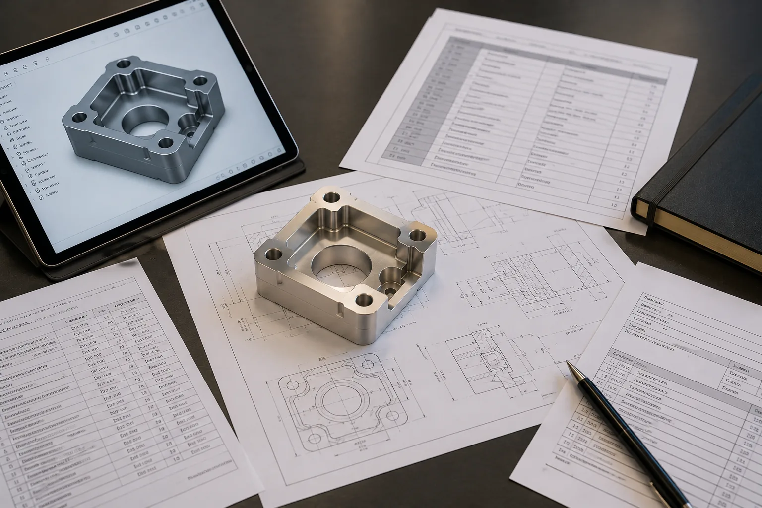 Diagrama de colaboración entre ingeniería y compras compartiendo el mismo paquete técnico CAD para cotización CNC con alcance y criterios de decisión alineados