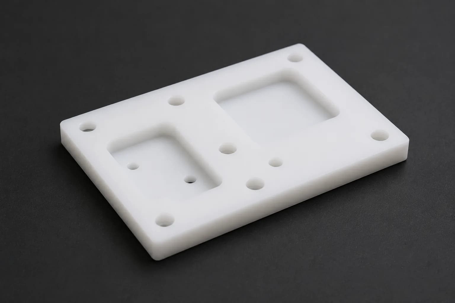 Acetal Delrin plate CNC milled with pockets and mounting holes