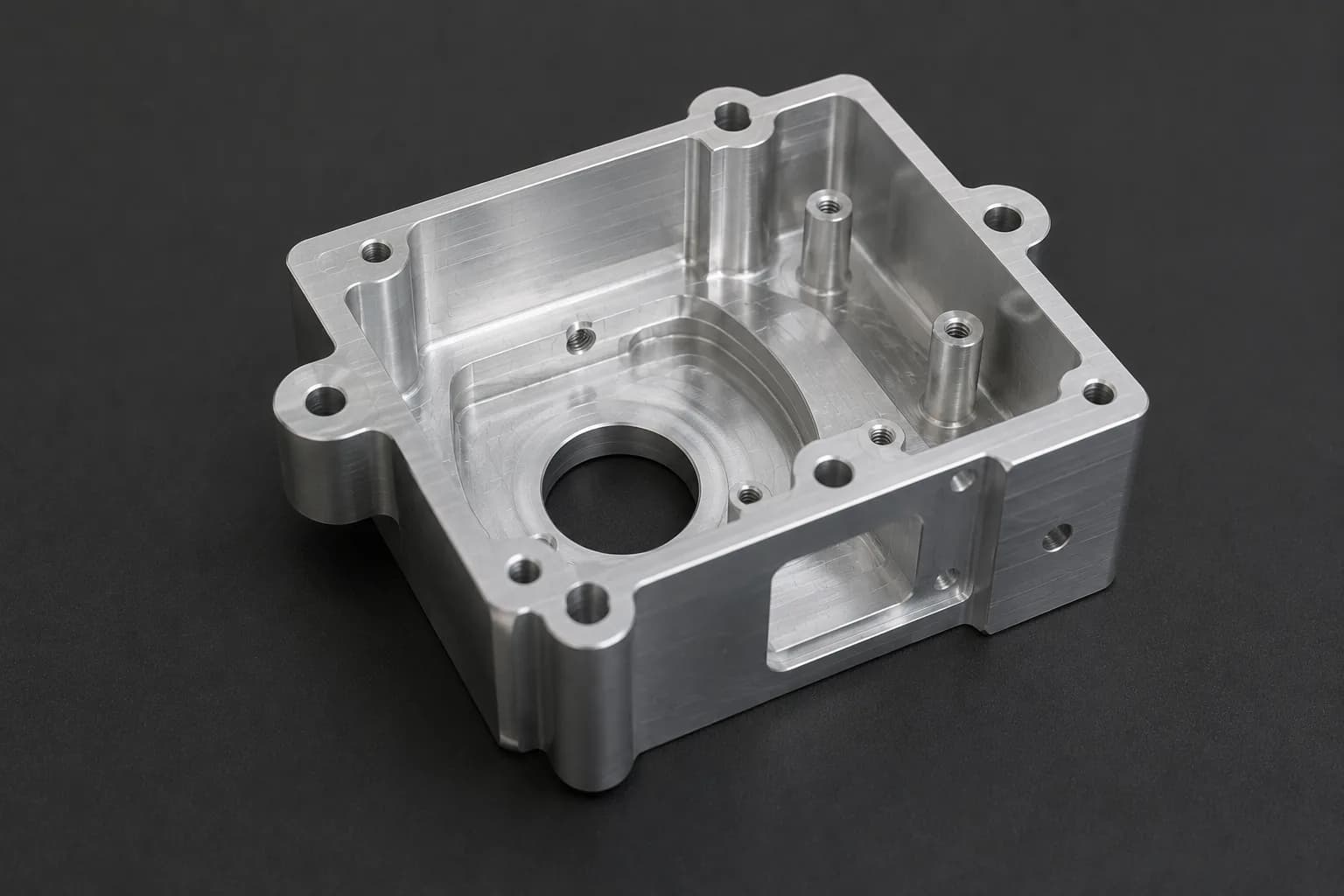 6061 aluminum housing CNC milled with deep cavity and mounting bosses