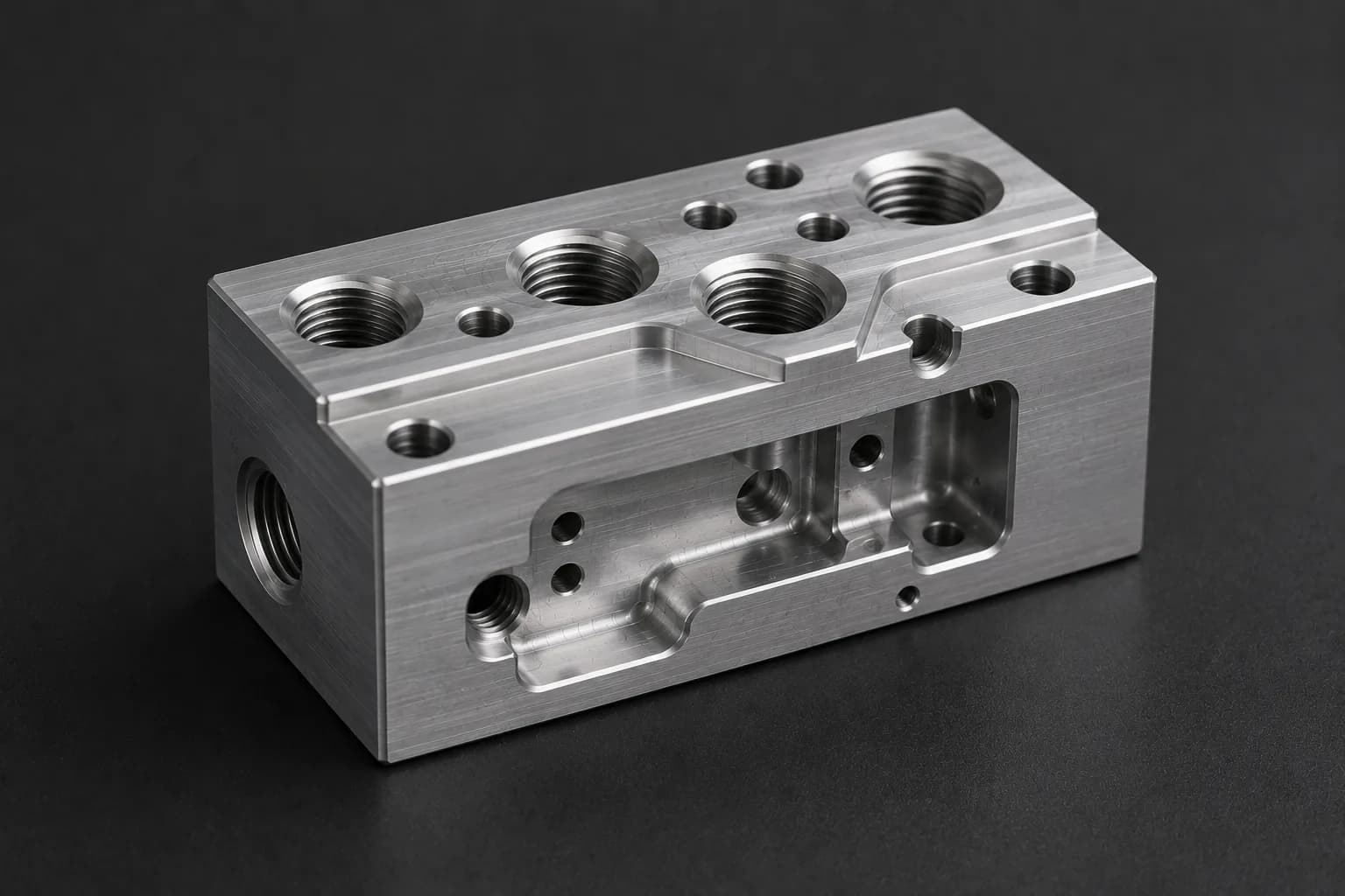 Manifold de aluminio 6061 maquinado por fresado CNC con puertos roscados y canales internos