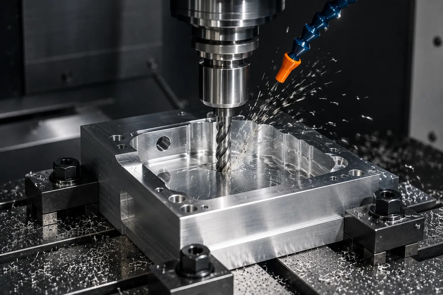 Fresado CNC de una pieza de aluminio 6061 con herramienta de carburo de alta hélice y evacuación de viruta