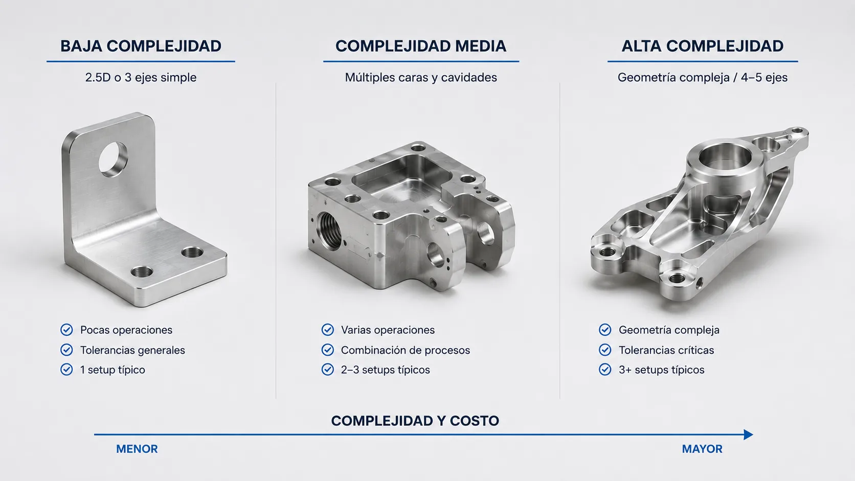 Comparación de prototipos CNC de baja, media y alta complejidad geométrica en aluminio