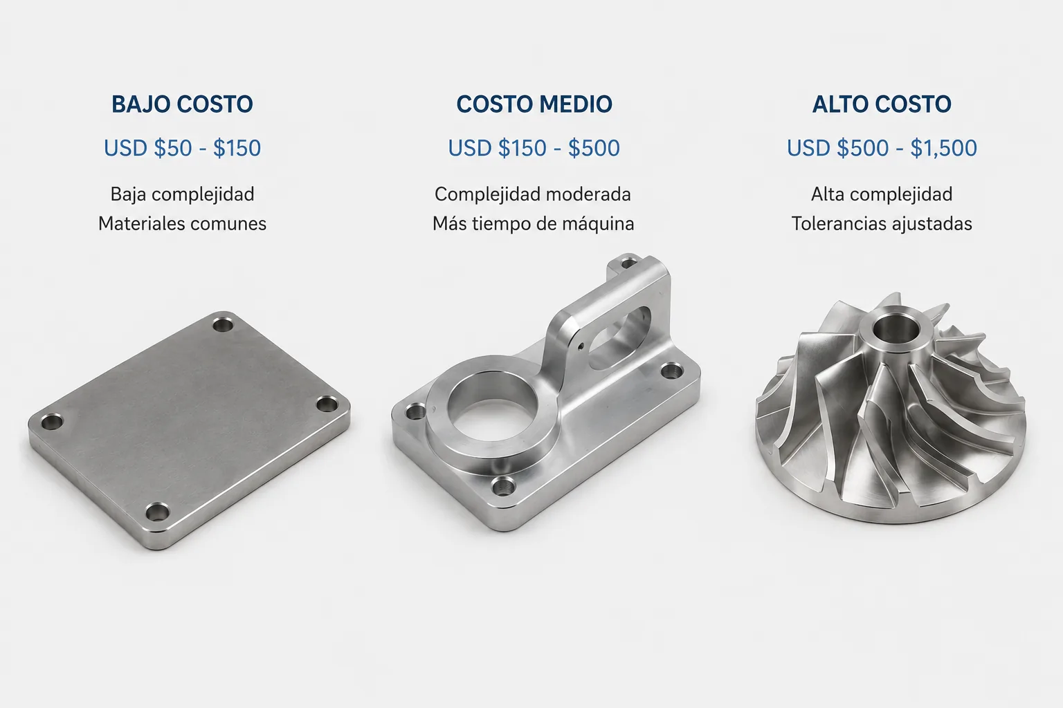 Ejemplos de prototipos CNC con diferentes rangos de costo por complejidad y material