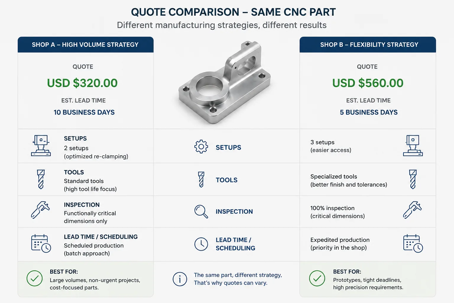 Comparison of two manufacturing strategies for the same CNC part, showing differences in setups, tools, inspection, and lead time