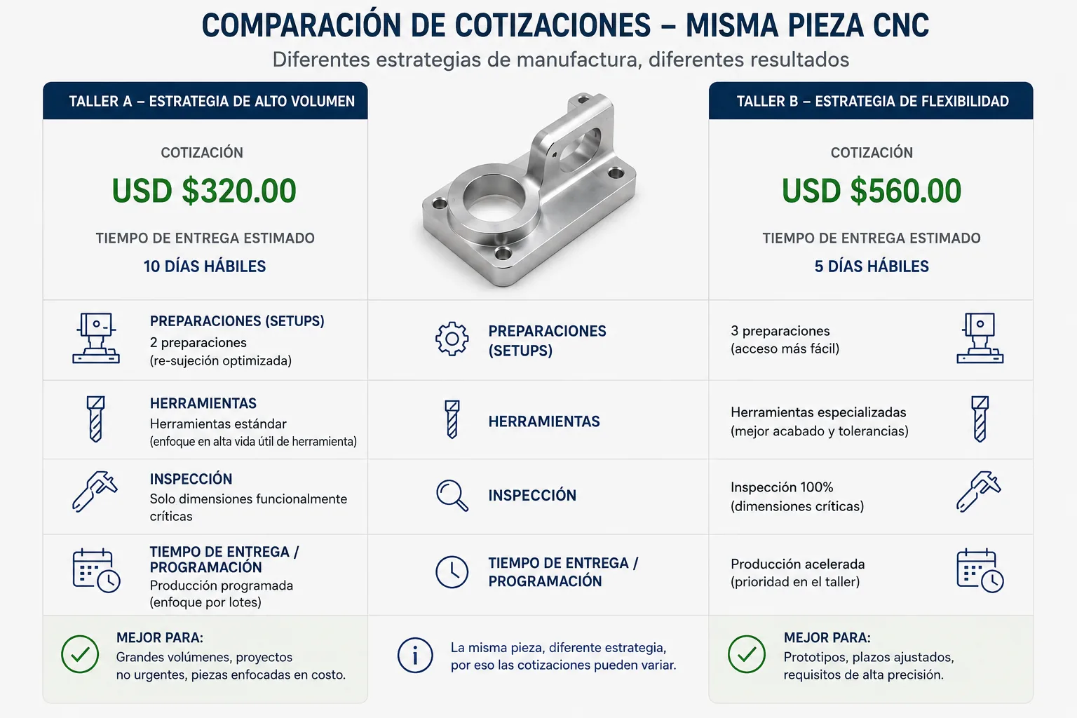 Comparación entre dos estrategias de manufactura para la misma pieza CNC mostrando diferencias en setups, herramientas, inspección y tiempo de entrega