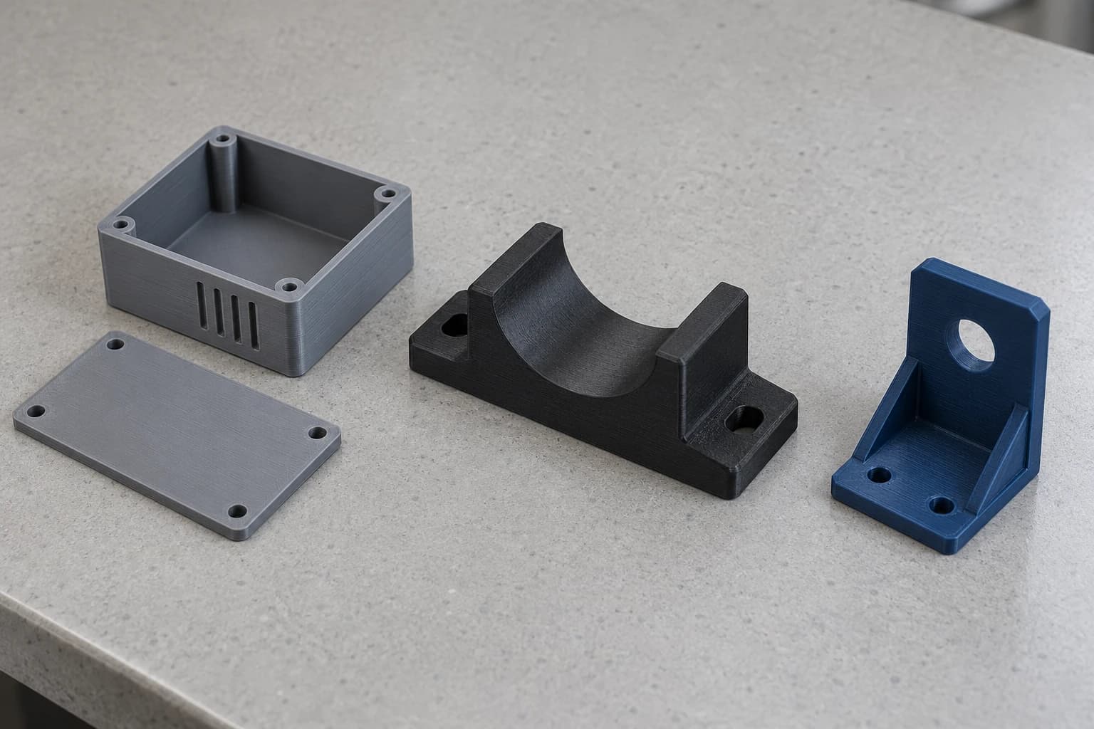 Enclosure with lid, assembly nest and sensor bracket printed with FDM on a clean table