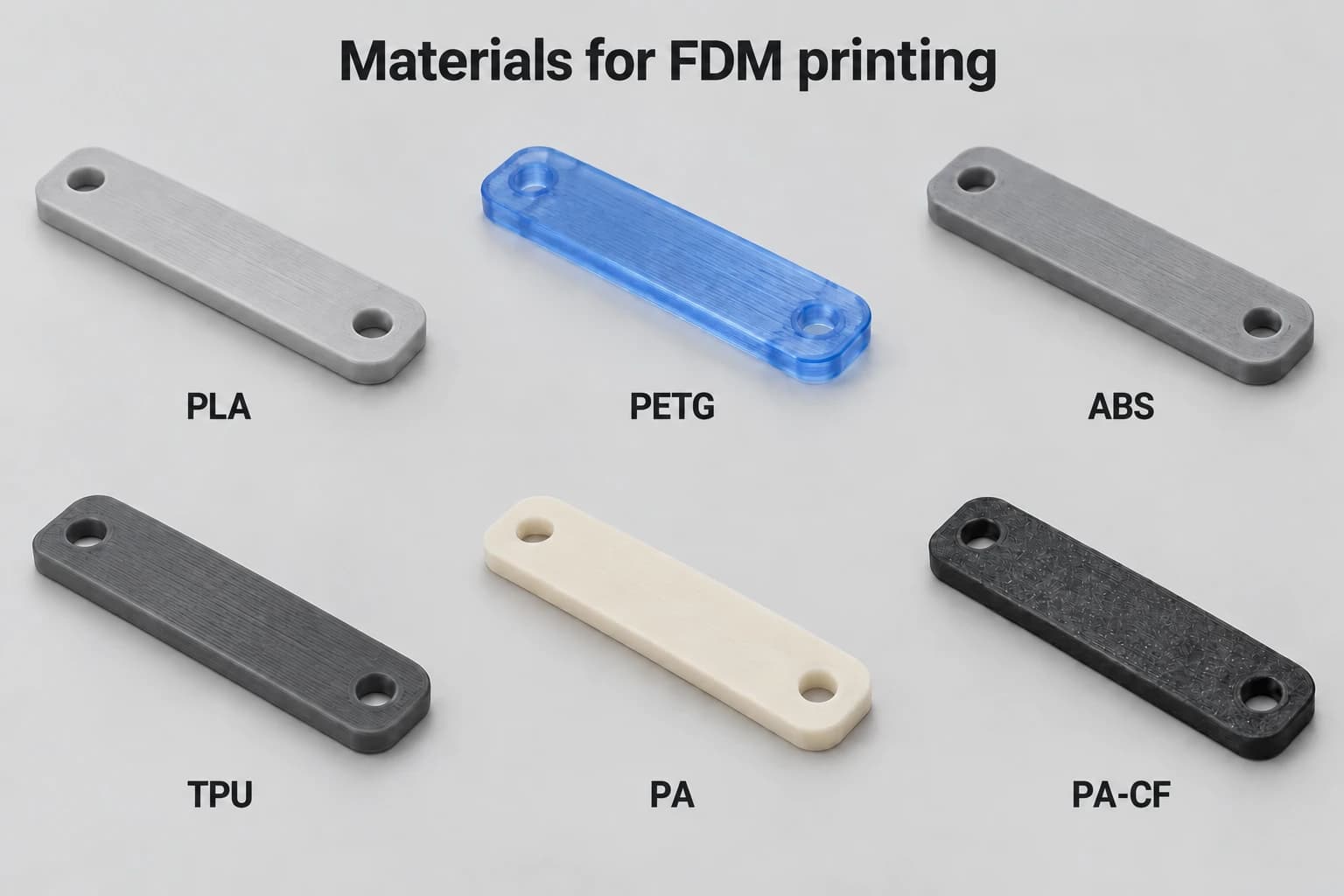 The same flat part with two holes in PLA, PETG, ABS, TPU, nylon PA and carbon fiber reinforced PA-CF