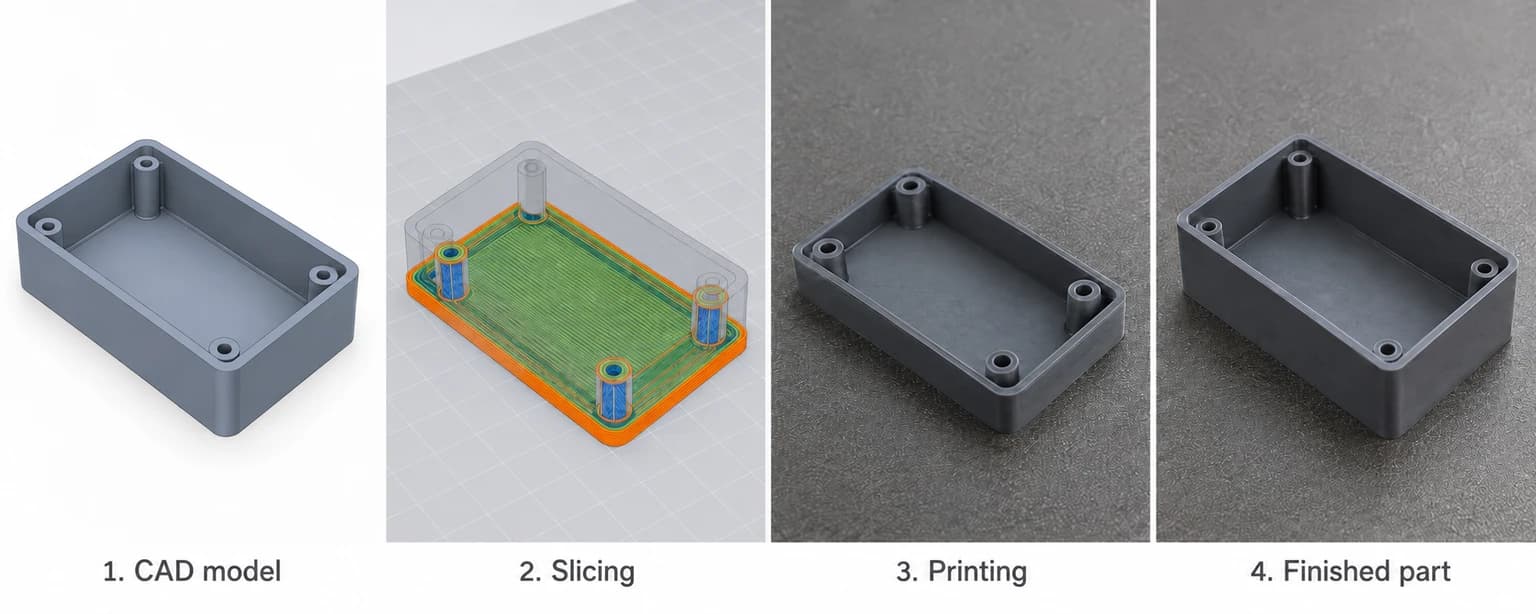 Four stages of an enclosure: CAD model, slicing, partial print and finished part