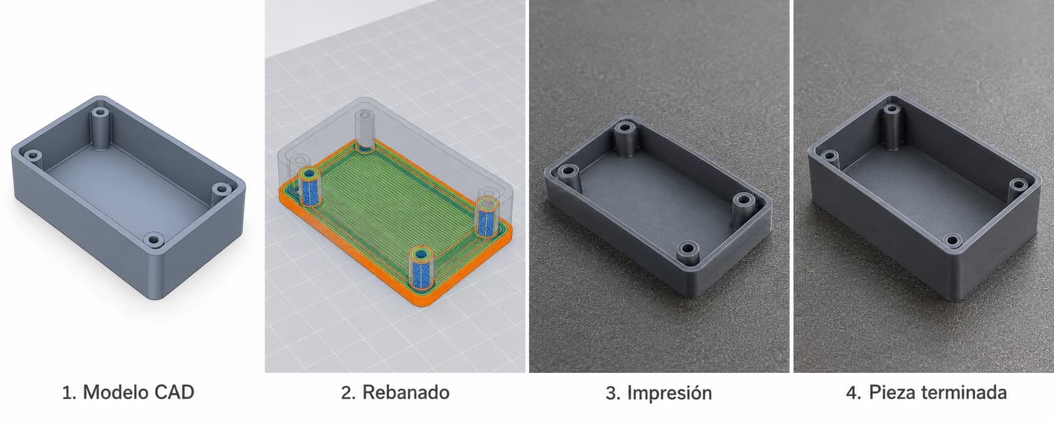 Cuatro etapas de una carcasa: modelo CAD, rebanado, impresión parcial y pieza terminada