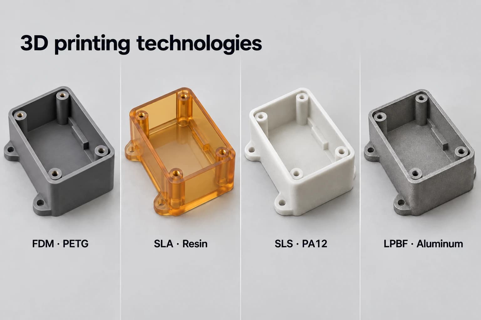 Enclosures made in PETG with FDM, resin with SLA, PA12 with SLS and aluminum with LPBF