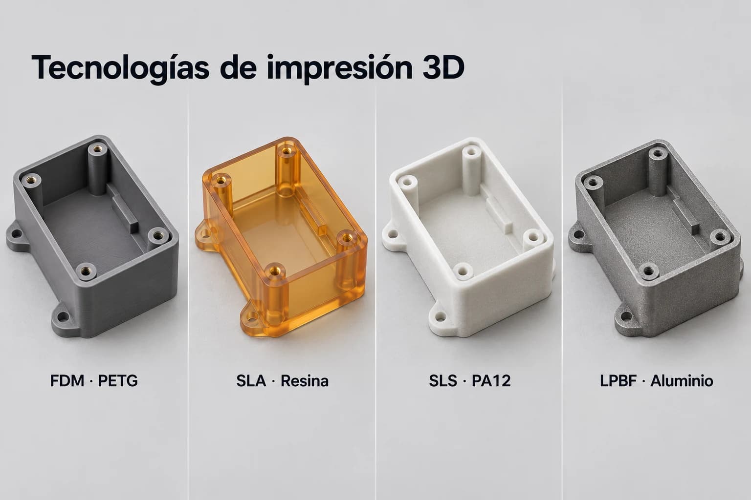Comparación de carcasas fabricadas en PETG por FDM, resina por SLA, PA12 por SLS y aluminio por LPBF