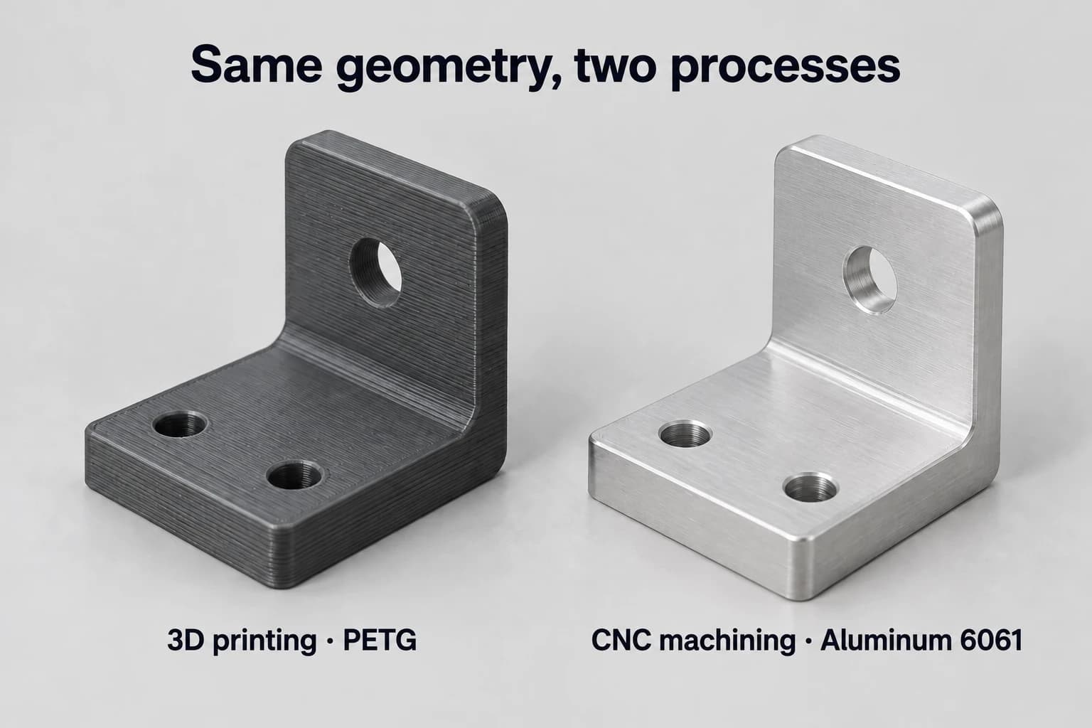 The same bracket printed in gray PETG and machined in natural 6061 aluminum