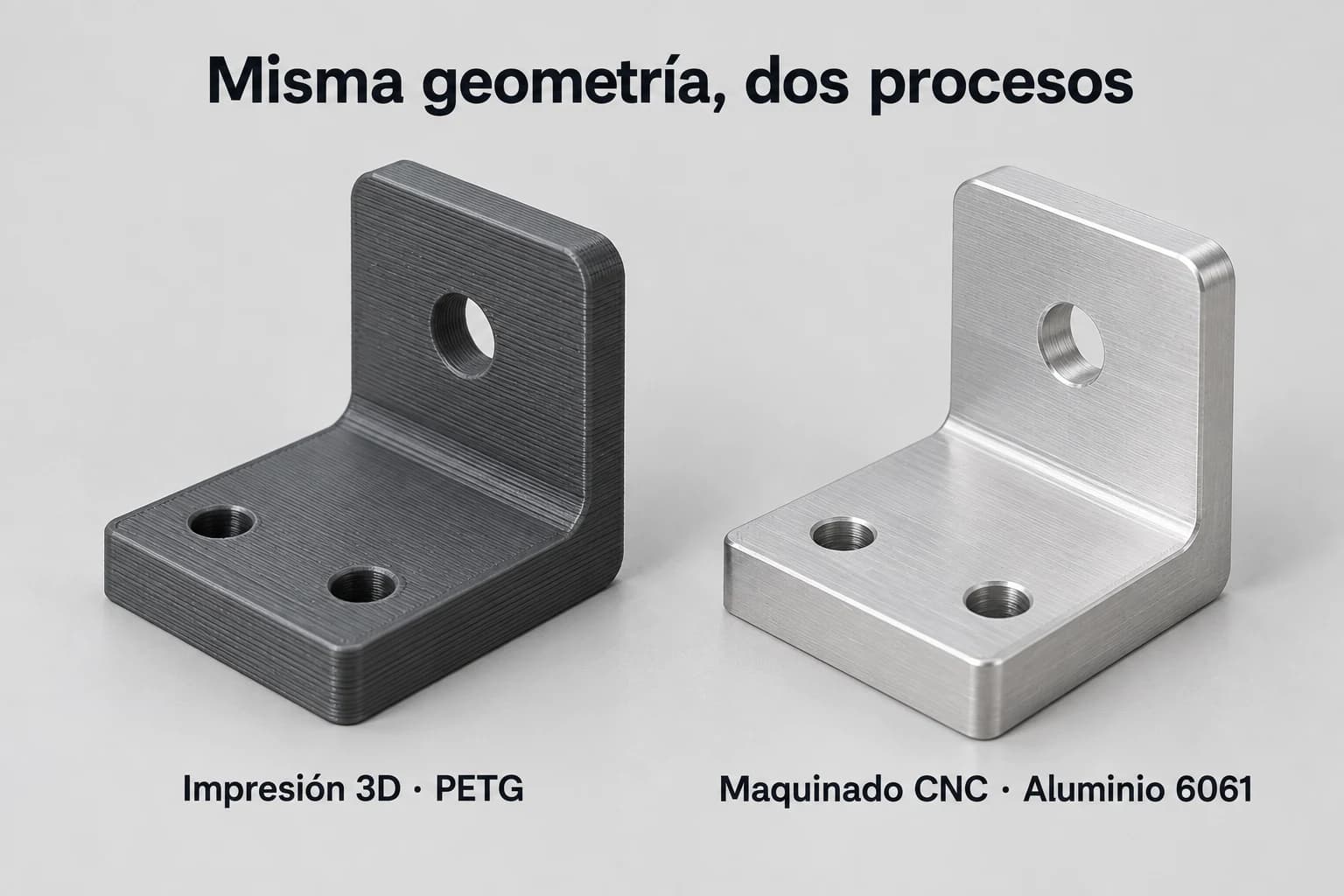 La misma escuadra impresa en PETG gris y maquinada en aluminio 6061 natural