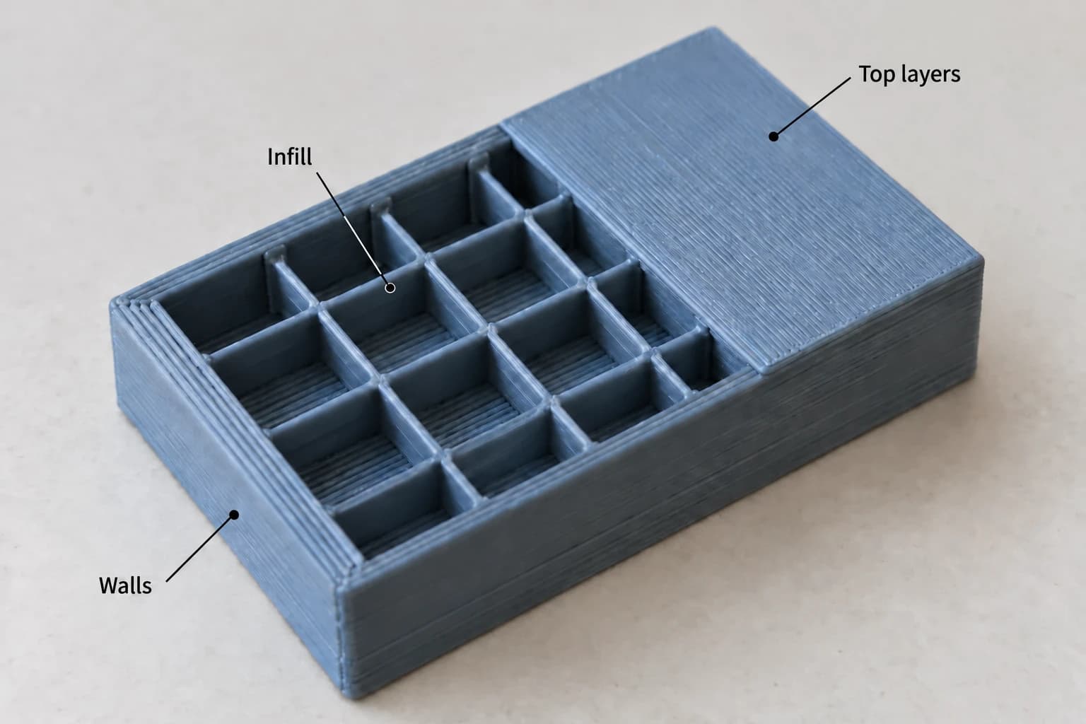 Partially open FDM sample showing the walls, the grid infill and the top layers
