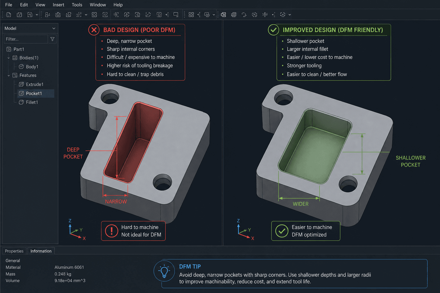 Comparativa CAD de diseño DFM: cavidad profunda vs cavidad optimizada con radios