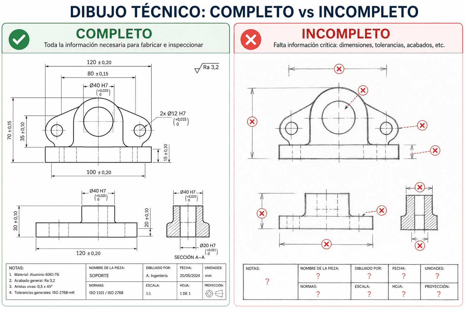 Comparación lado a lado de plano técnico completo vs plano sin cotas críticas