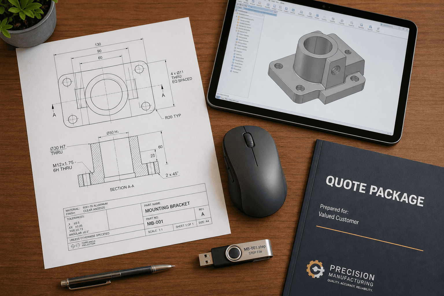 Plano impreso, tablet con modelo 3D, USB con archivo STEP y carpeta de cotización