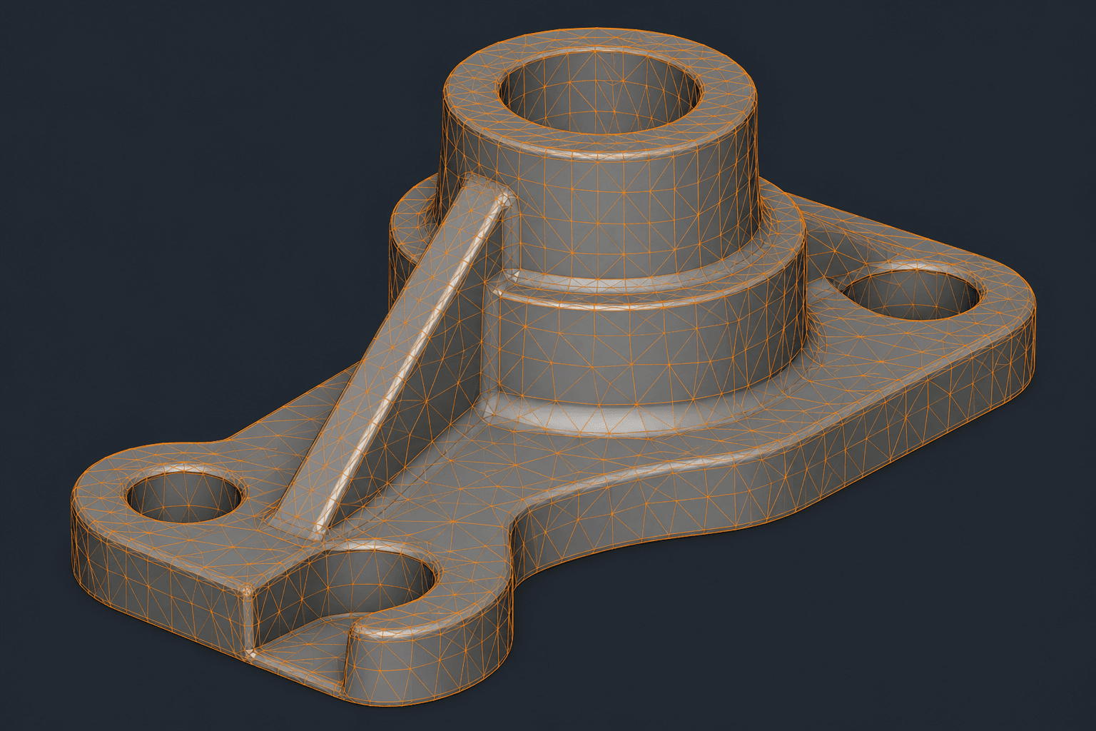 Vista de malla STL con triángulos visibles en pieza 3D