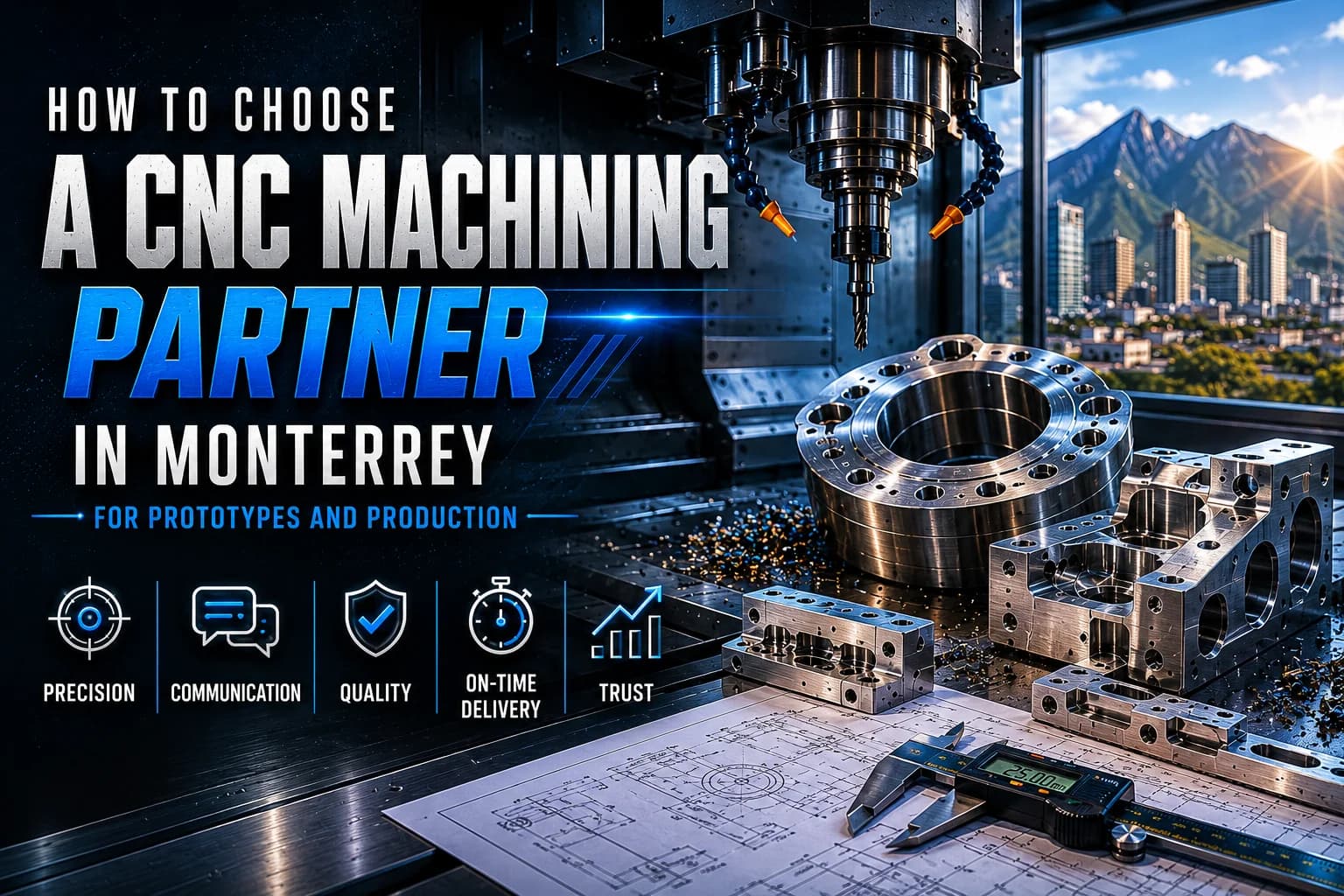 Purchasing engineer and product designer reviewing machined CNC parts and drawings in a Monterrey industrial setting, evaluating suppliers for prototypes and production