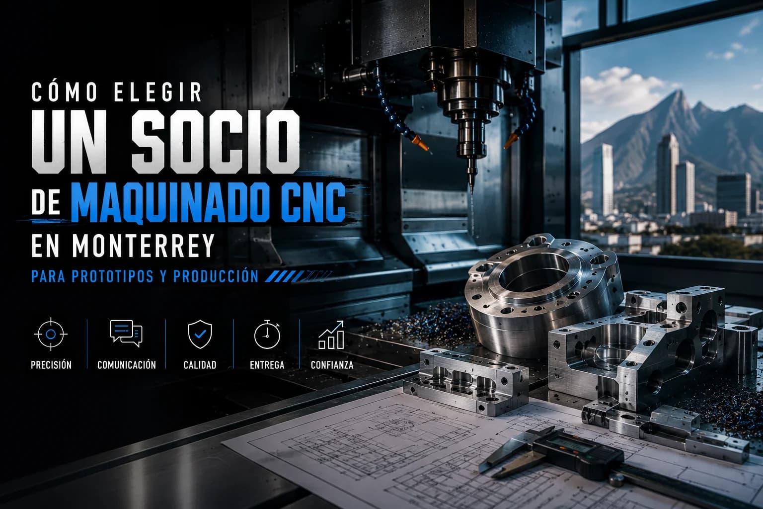 Ingeniero de compras y diseñador de producto revisando piezas CNC mecanizadas y planos en un entorno industrial de Monterrey, evaluando proveedores para prototipos y producción