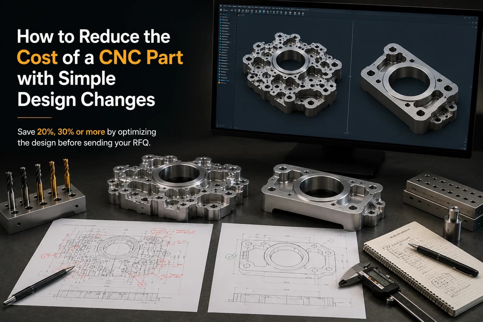 Engineer reviewing a CAD model next to a CNC machined part, comparing original design and manufacturability-optimized version