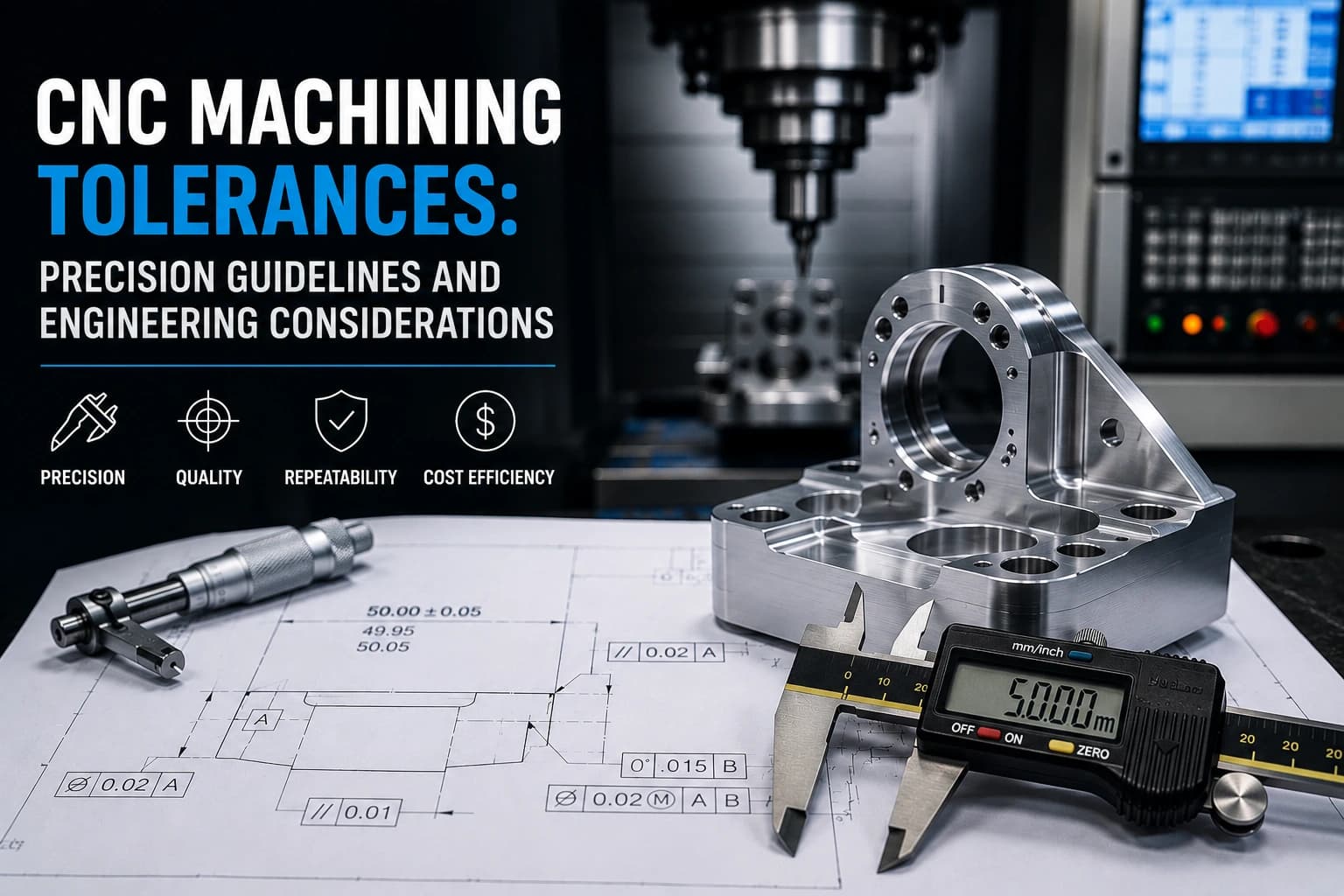 Engineer inspecting a CNC machined part with calipers and a technical drawing showing dimensional tolerances and GD&T on a metrology table