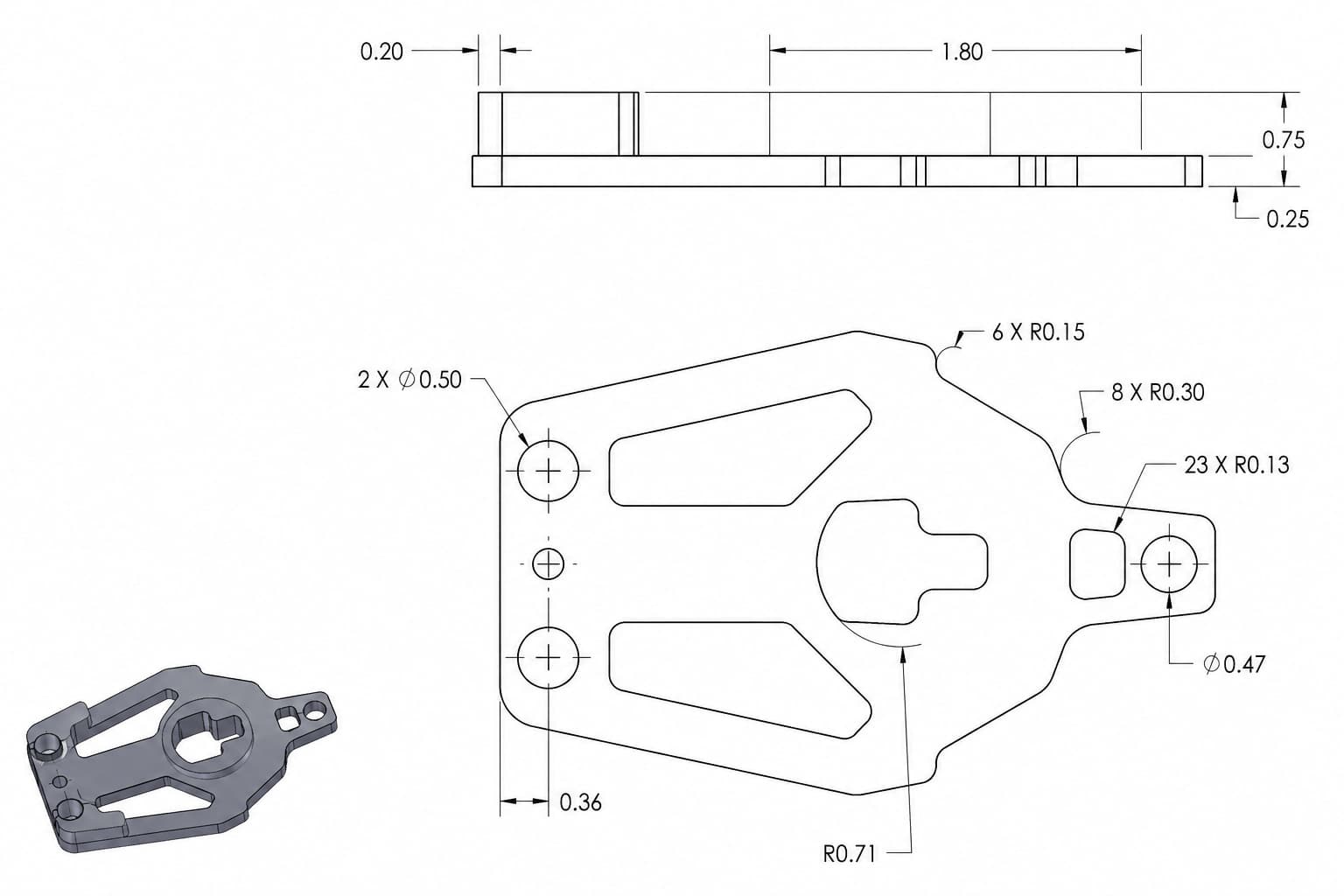 Modelo CAD 3D con plano técnico