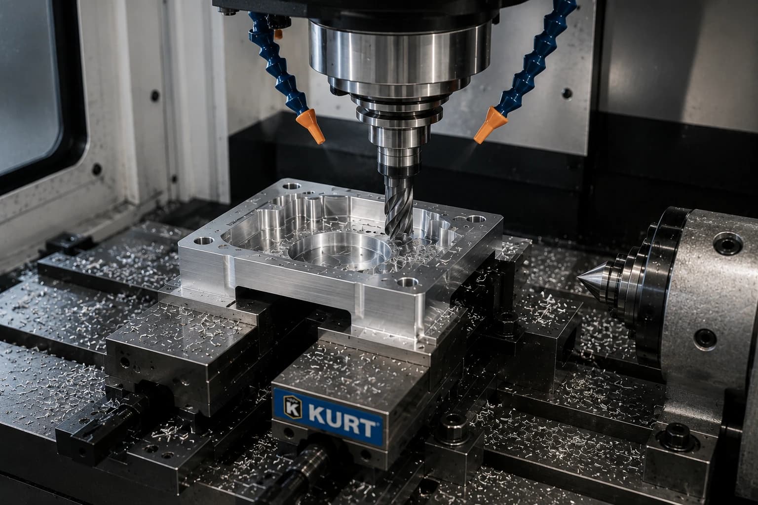 CNC milling center machining an aluminum part with chips and coolant in a low-volume setup