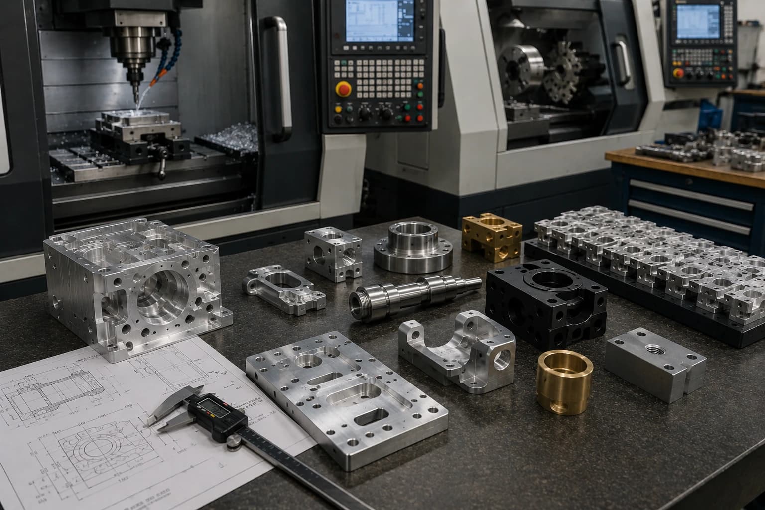 Low-volume machined parts on an inspection table on a CNC production floor