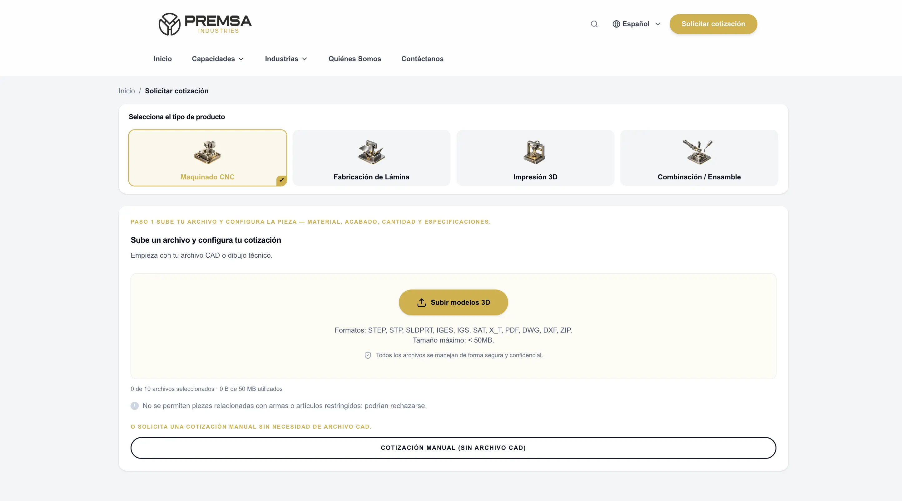 Cotización en línea de maquinado CNC con carga de archivos CAD en plataforma PREMSA