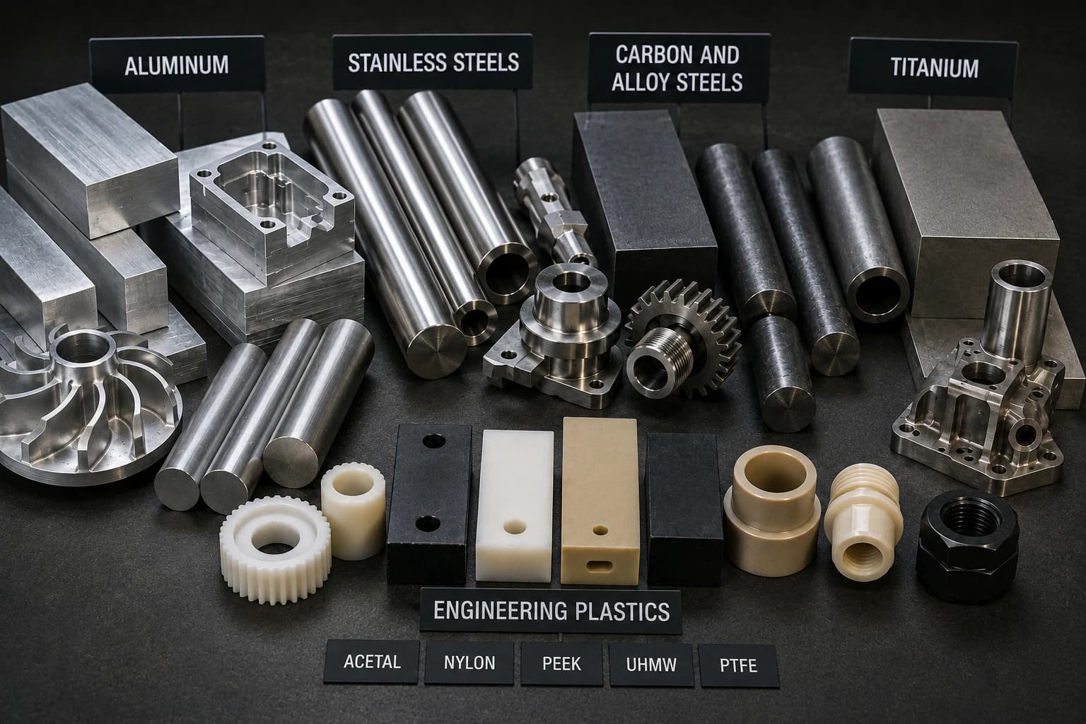 Samples of metal and plastic materials ready for CNC machining