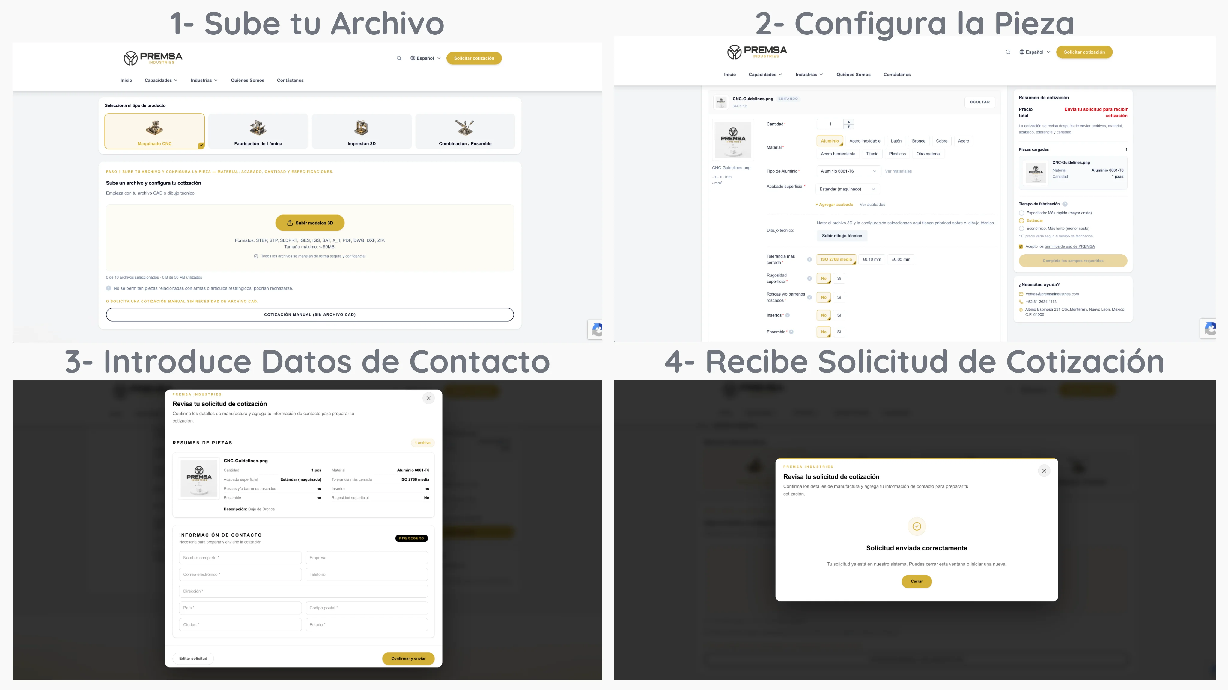 Infografía de 4 pasos del cotizador PREMSA: subir archivo CAD y elegir maquinado CNC, configurar material y cantidad, capturar datos de contacto y confirmar solicitud enviada