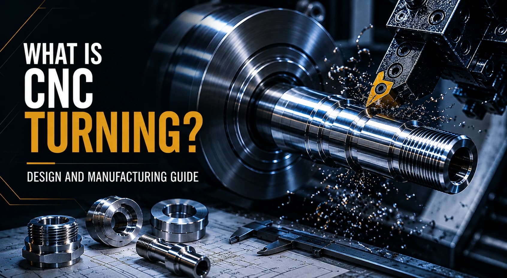 CNC lathe machining a precision cylindrical part with turning tool and chip flow in an industrial shop