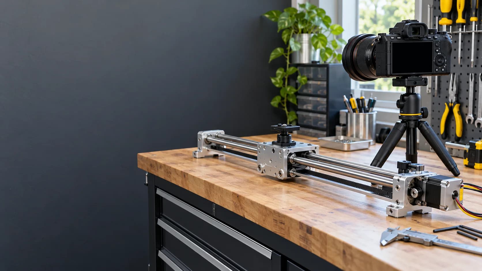 Camera ready to film an aluminum mechanism in an empty workshop