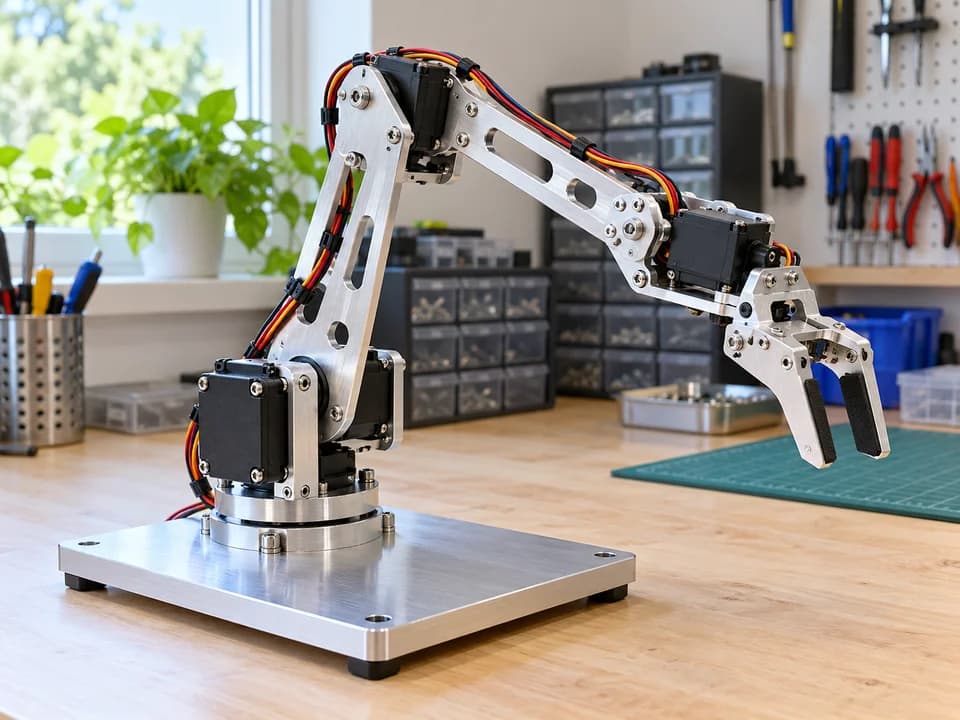 Aluminum robotic arm with servo motors on a workbench