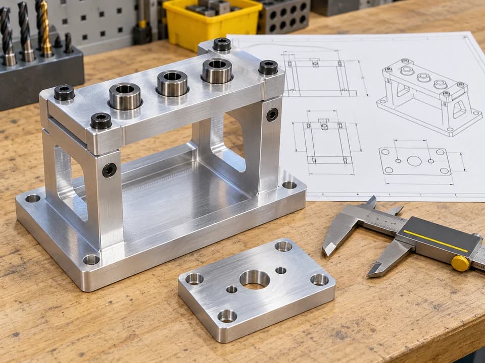Aluminum drilling fixture beside a drawing and caliper