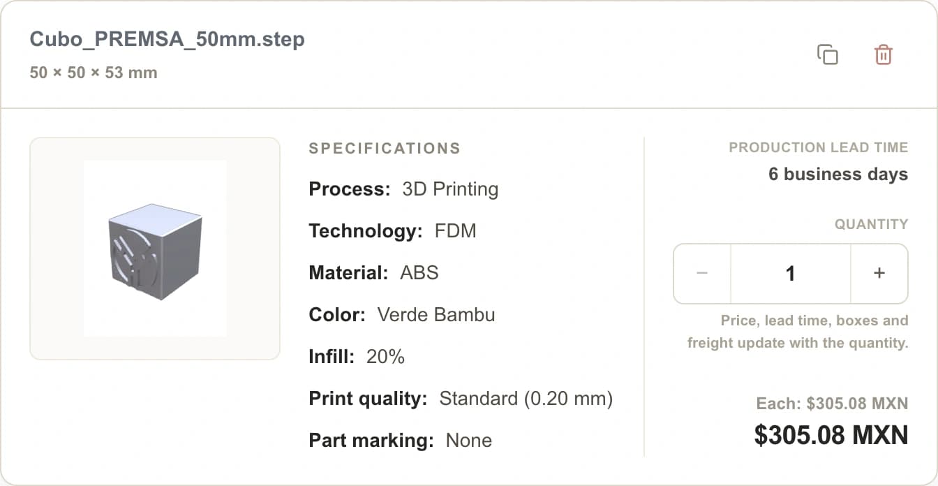 Part in the PREMSA portal cart with its specification, quantity, price and buttons to duplicate and remove